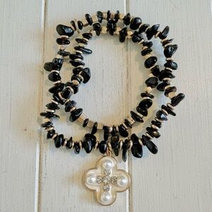 Gothic Black Jasper & Gold Tone Stretchy Double Wrap Bracelet